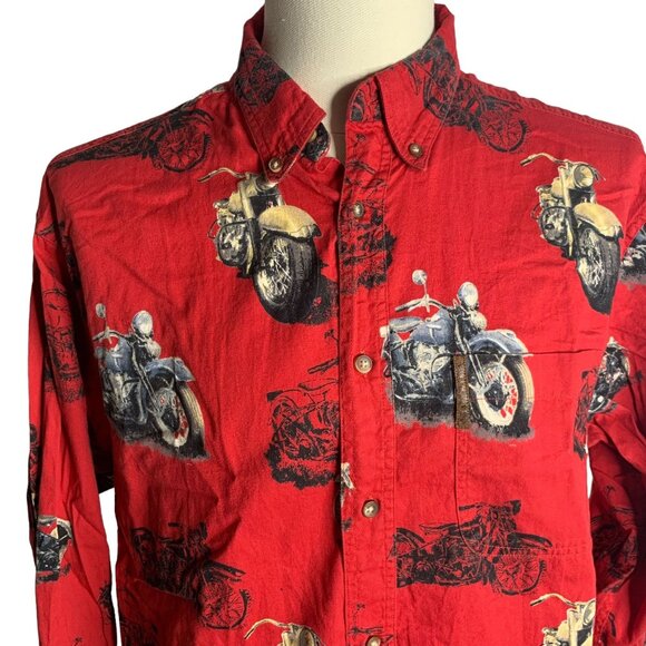 North River Button Down Motorcycle Shirt M Red Long Sleeve Soft Cotton Pocket - Picture 2 of 6